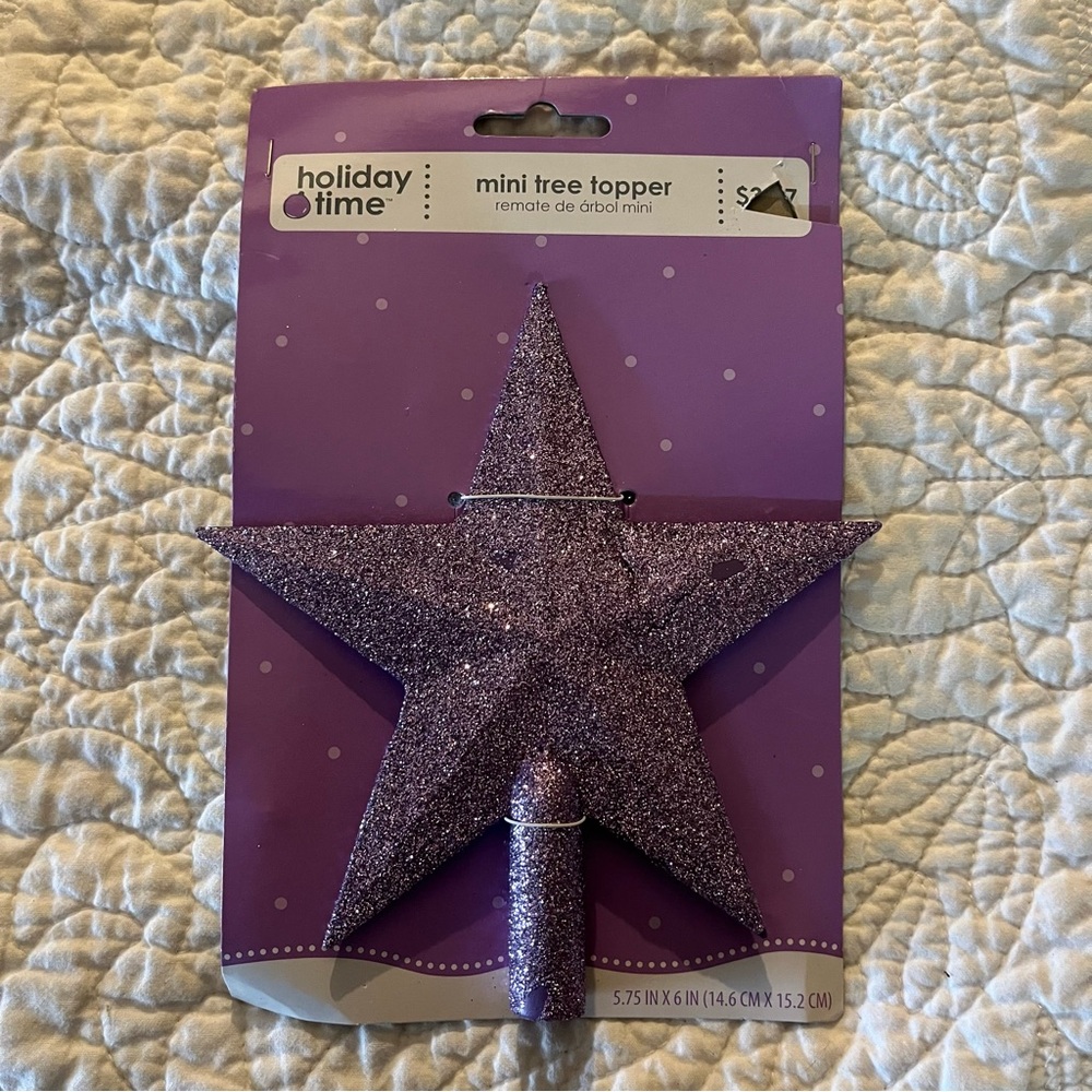 Holiday Time Mini Tree Topper Purple Glitter Star New 5.75” Tall Christmas